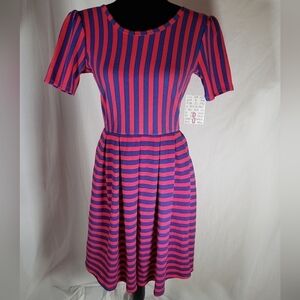 NWT Lularoe Red And Blue Striped Dress With Zipper Closure Short Sleeve Sz S